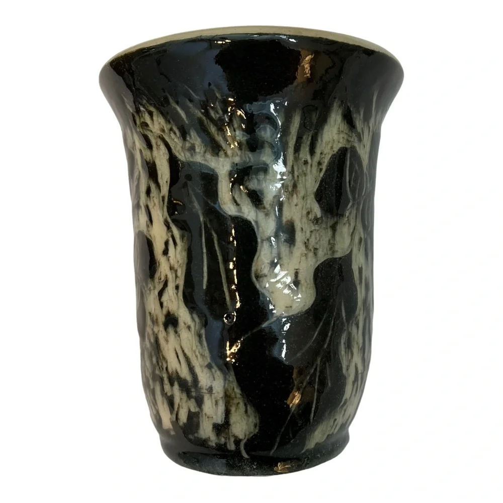 Art Pottery Ceramic Green Glazed Signed Vase Acorns and Leaves 6.5”